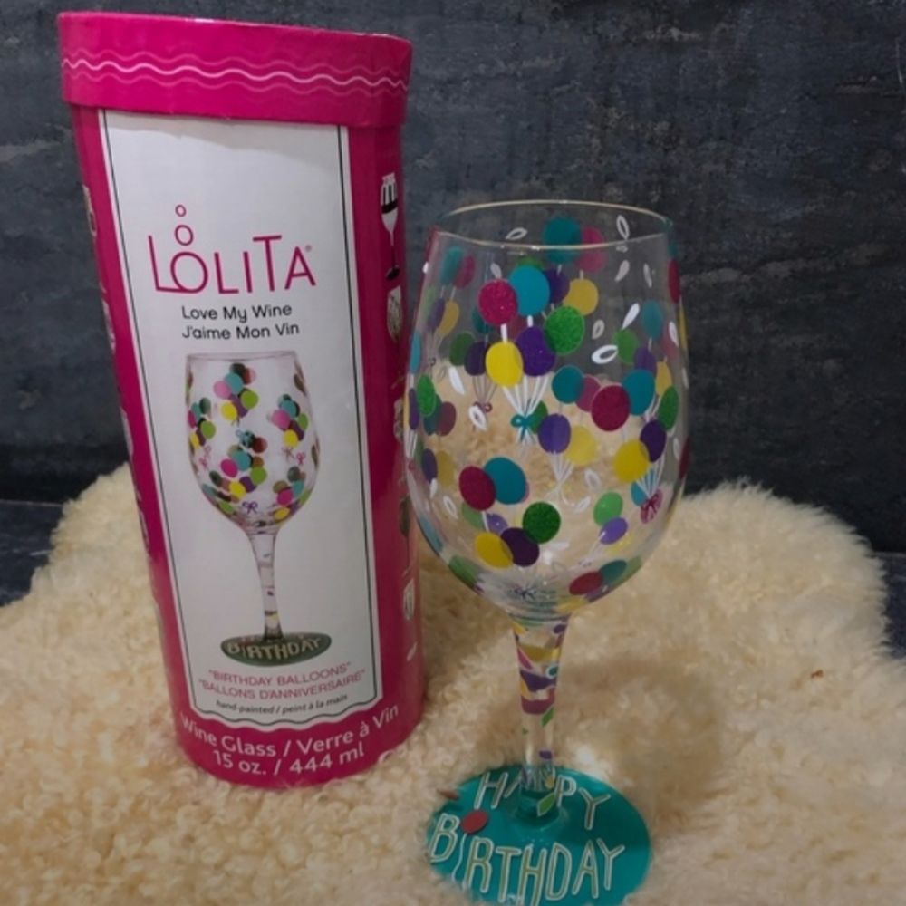 NIB Lolita “Birthday Ballons” wine glass.